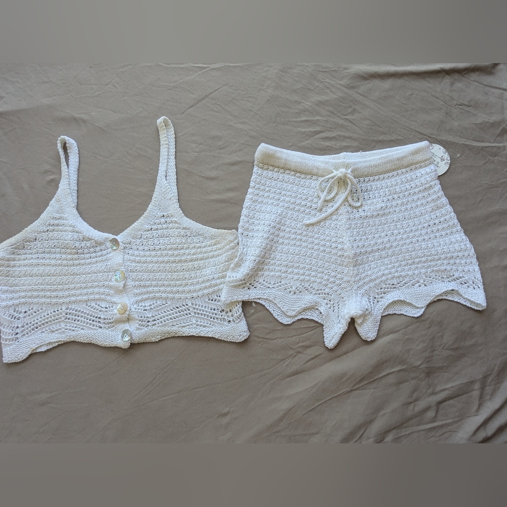 Crochet Knit Tank Top & Shorts Set - White